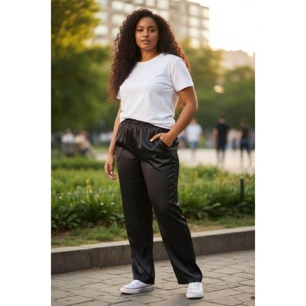 VTG Liz Claiborne Black Triacetate Satin Look Pull-On Pants Relaxed Fit w/Pocket